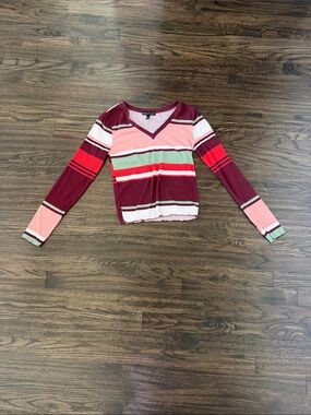 Derek Heart Striped V-Neck Long Sleeve Top in Burgundy, Pink, Red, Green